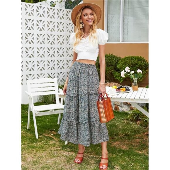 Women's Floral Midi Skirts Elastic High Waist A-Line Swing Skirts - Picture 5 of 7